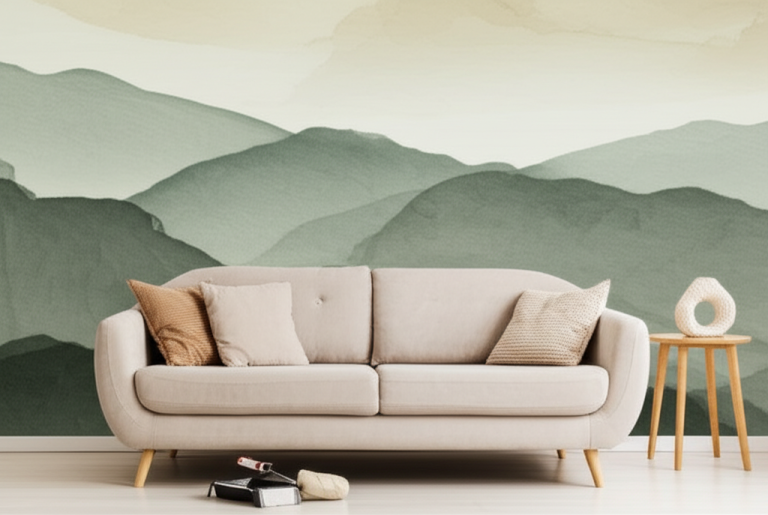 Papier peint panoramique salon derrière canapé : nos meilleures idées